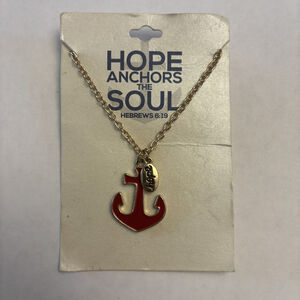 Gold Tone Red Enamel Anchor "Hope" Charm Pendant Necklace NWT